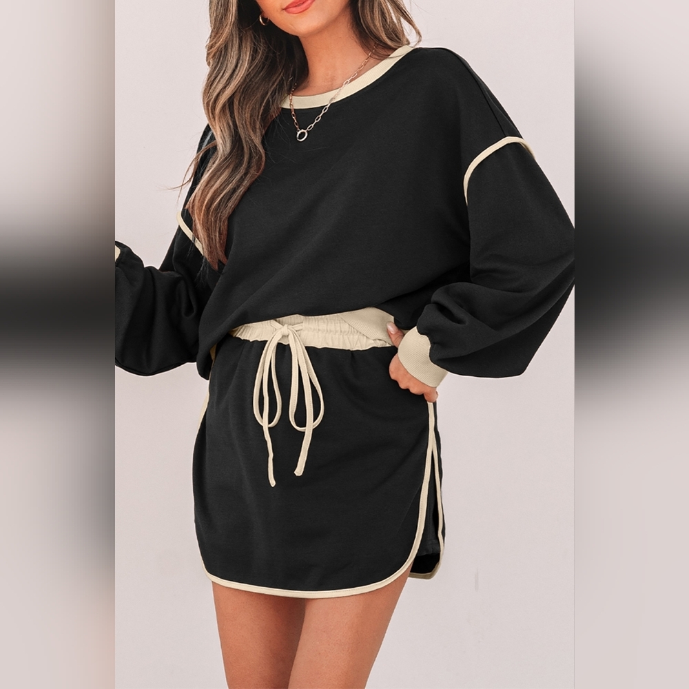 Black Baggy Fit Pullover & Skort 2  Piece Jogger Lounge Set